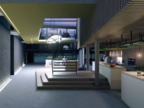 Entrée du projet en soirée Entrée du projet en soirée